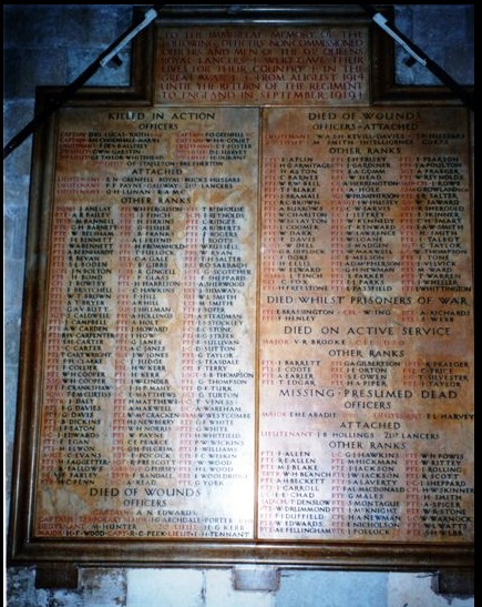 9th Royal Lancers Memorial at Canterbury Cathedral, including Albert W W Carden, courtesy of roll-of-honour