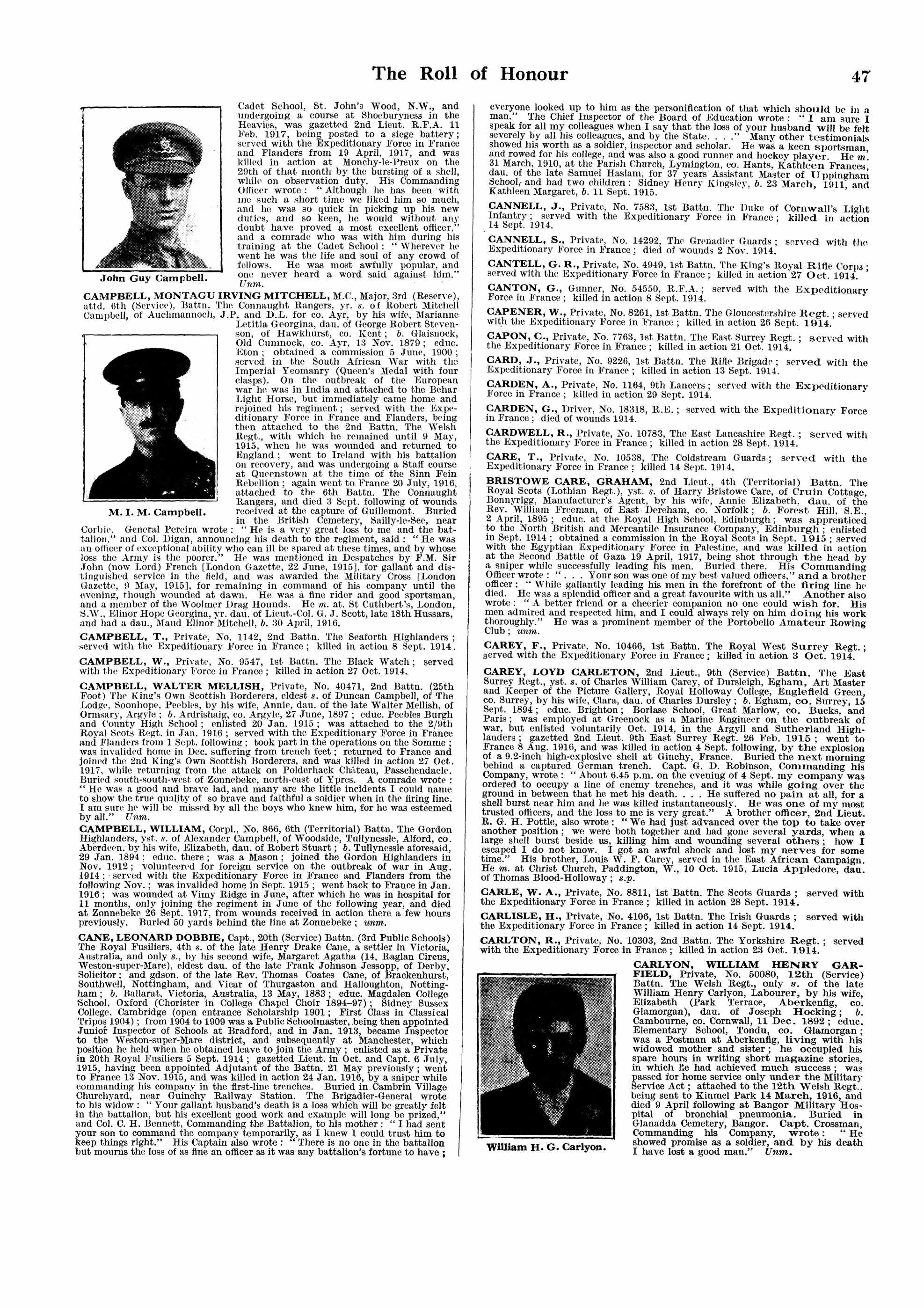 Albert W W Carden - Roll of Honour 1914-1924