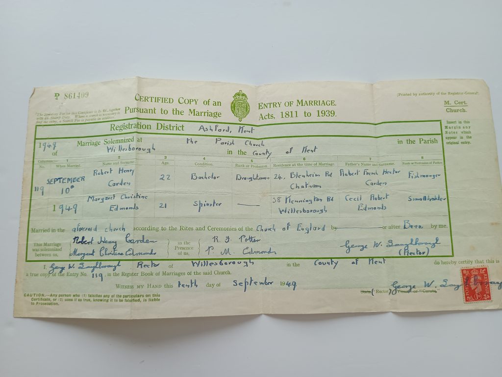 Peggy and Robert Carden marriage cert 1949