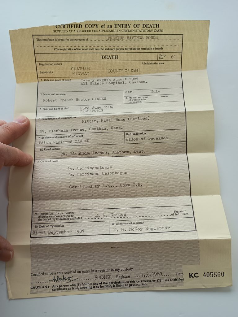 Robert F H Carden death certificate 1981