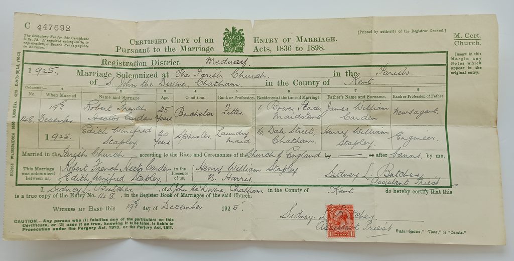 Robert FH Carden & EW Stapley marriage cert 1