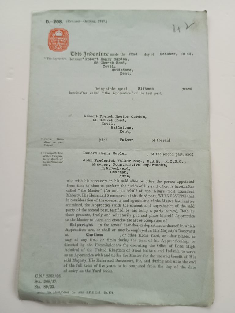 Robert H Carden Apprentice Indenture 1942 Chatham Dockyard 1