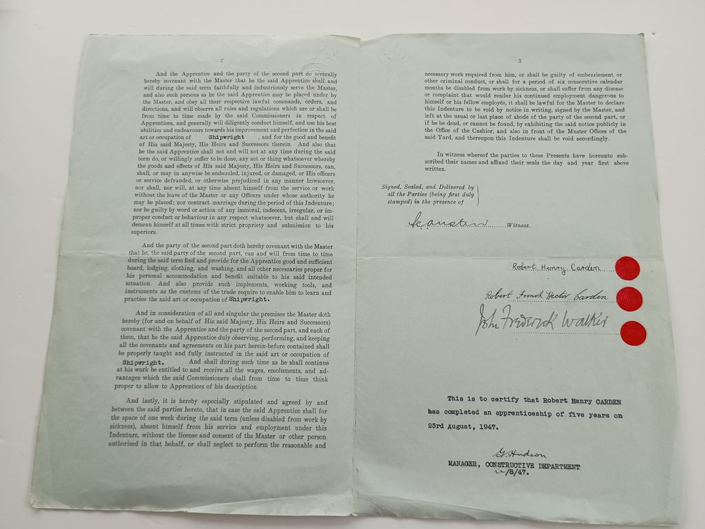 Robert H Carden Apprentice Indenture 1942 Chatham Dockyard 2