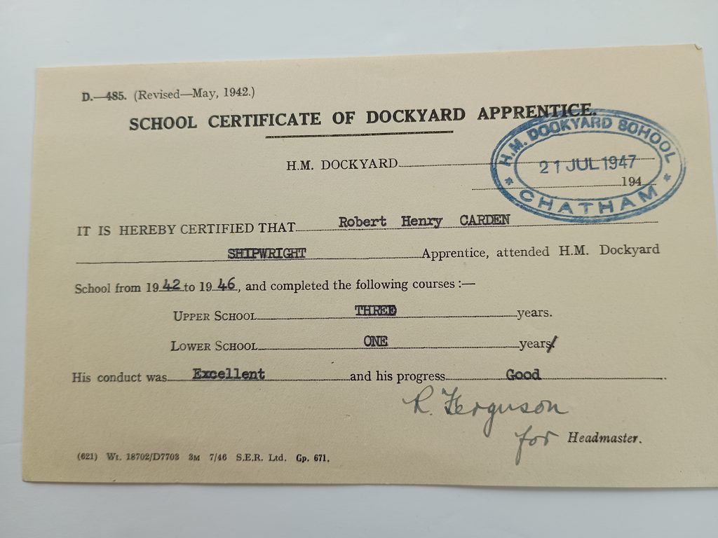 Robert H Carden Apprentice school cert 1942 Chatham Dockyard
