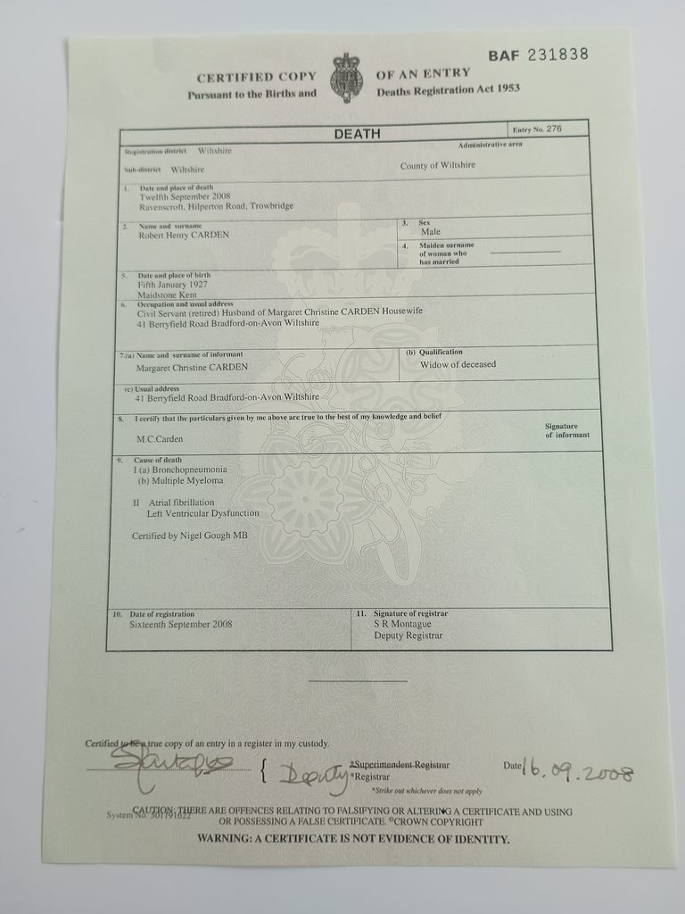 Robert H Carden - death cert 2008