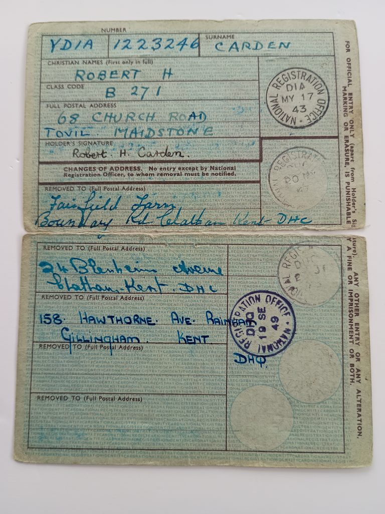 Robert H Carden identity card 1949