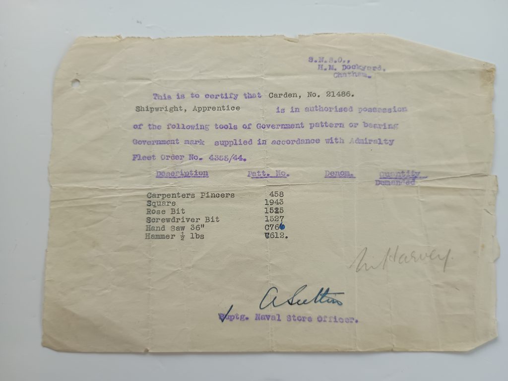 Robert H Carden list of apprentice tools