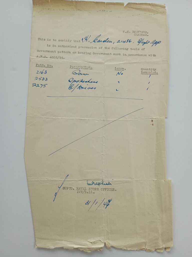 Robert H Carden list of apprentice tools 2
