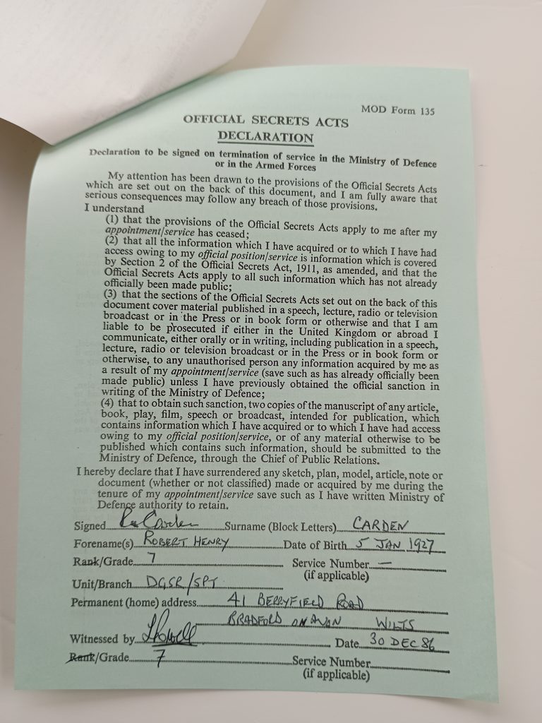 Robert H Carden official secrets letter