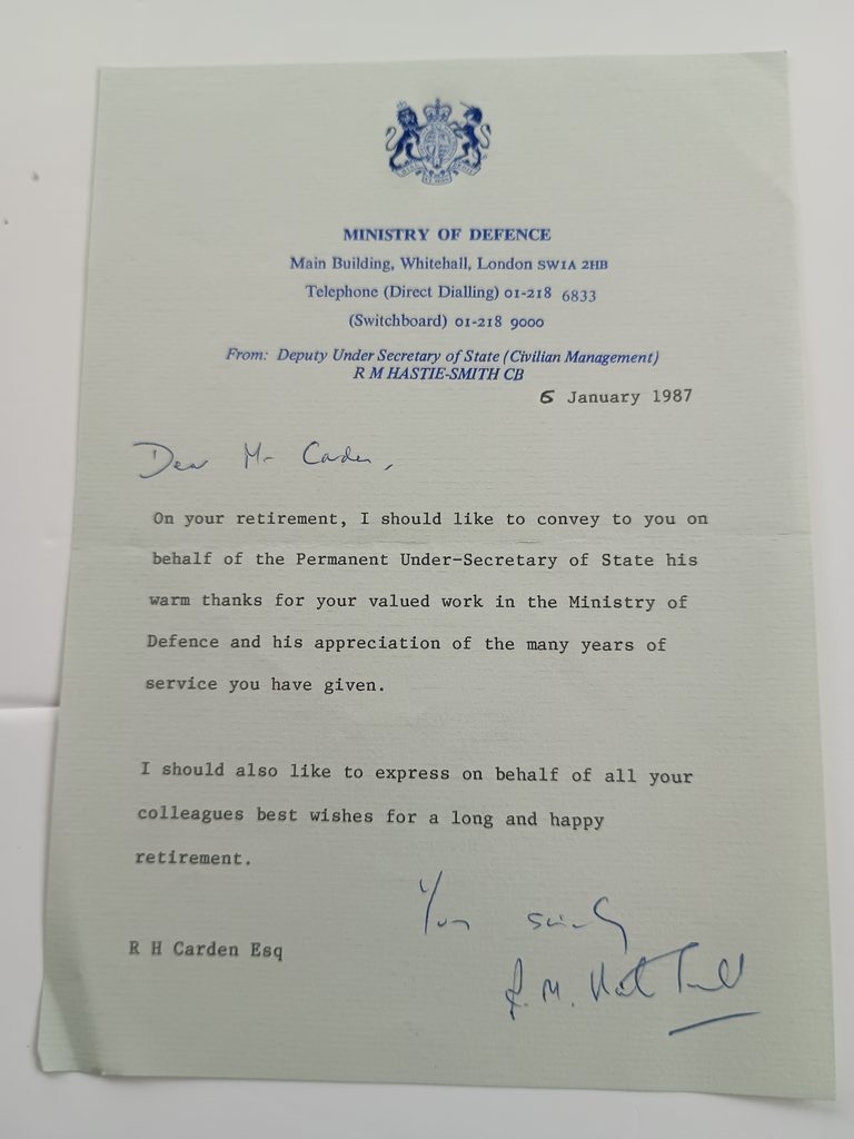 Robert H Carden retirement letter