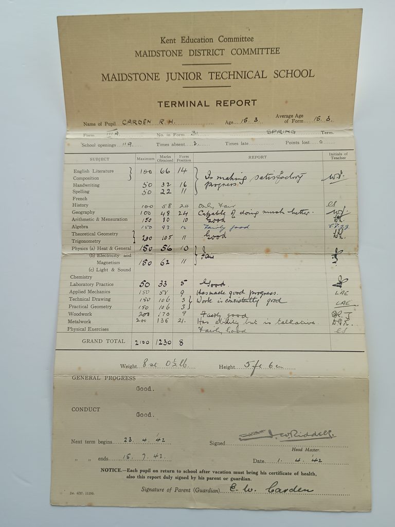Robert H Carden school report 1942
