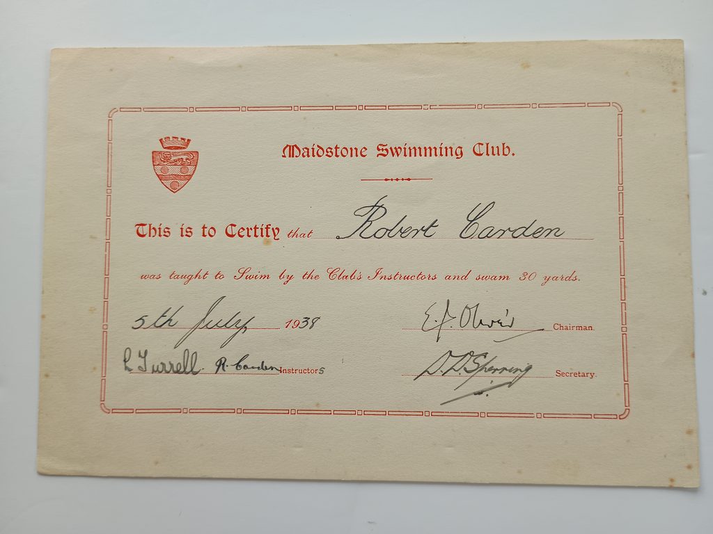 Robert H Carden swimming cert 1938 a