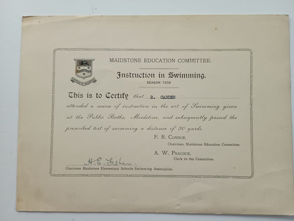 Robert H Carden swimming cert 1938 b