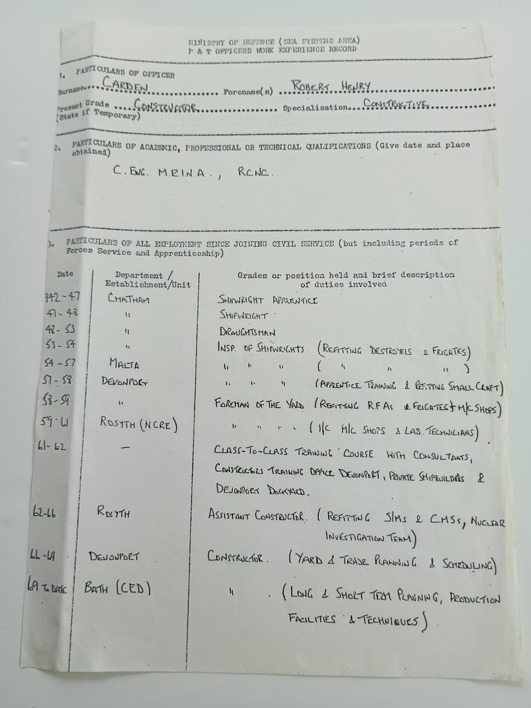 Robert H Carden - work experience record Ministry of Defence